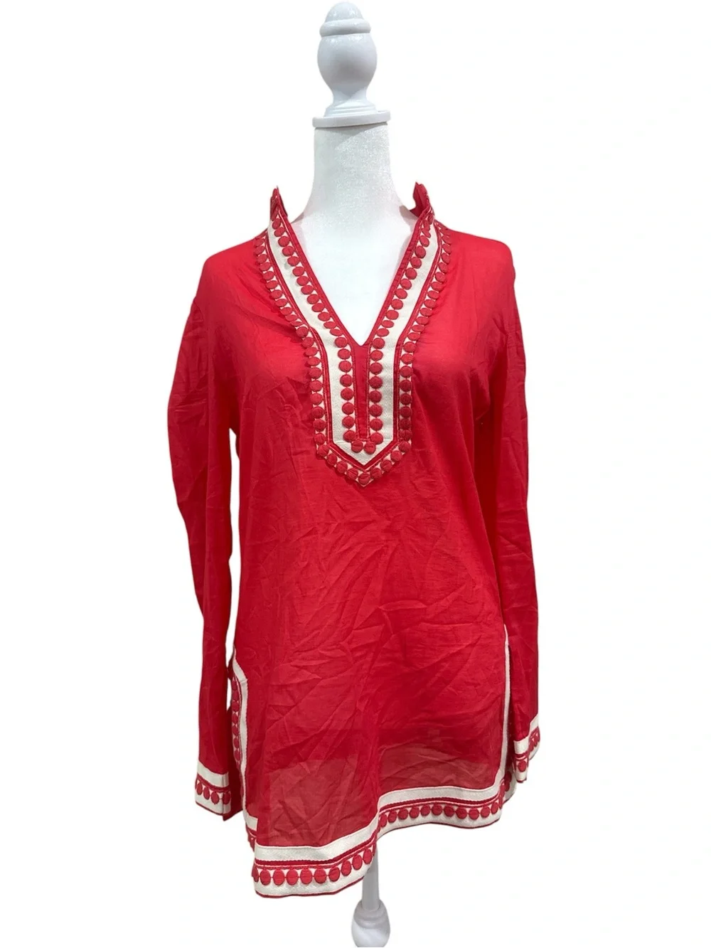 Tory Burch Red V-Neck Pom Pom Trim Tunic